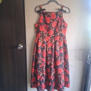 Rose Print Whimsigoth Dark Romantic High Neck Midi Dress Flare Valentines Med